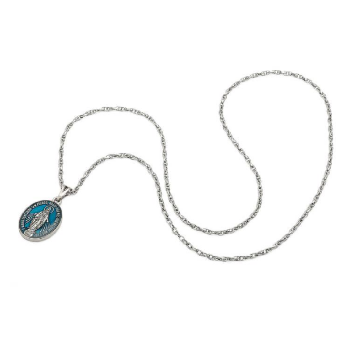 Colar de Nossa Senhora das Graças Azul – Corrente em Inox