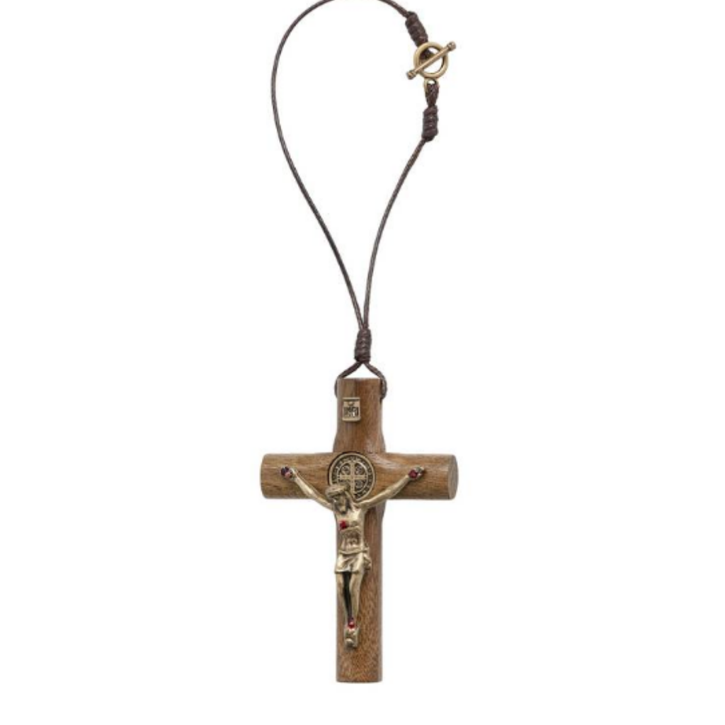 CRUZ PARA CARRO CORDAO MADEIRA - MEDALHA SAO BENTO 7CM