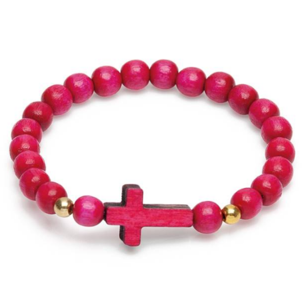 Pulseira Infantil de Madeira Rosa com Cruz