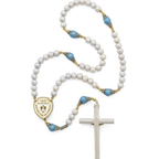 Terço de São Miguel em Madeira Pérola Prata 8 mm – Pai-Nosso Azul 10 mm com Folheto