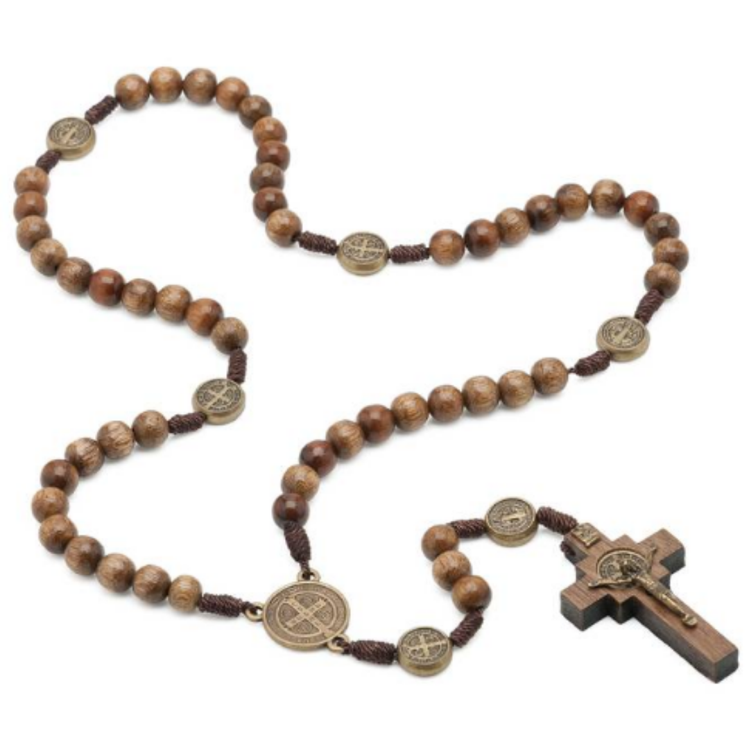 Terço de Madeira Imbuia São Bento 8 mm – Cordão Ouro Velho