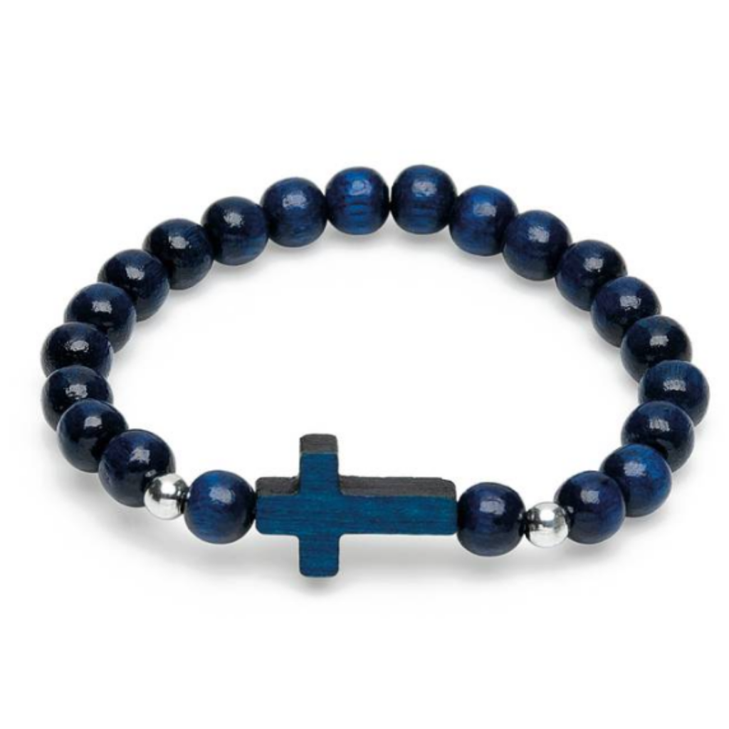 Pulseira Infantil de Madeira Azul com Cruz