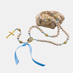 Terço de Madeira Branca Nossa Senhora de Lourdes com Fita Azul