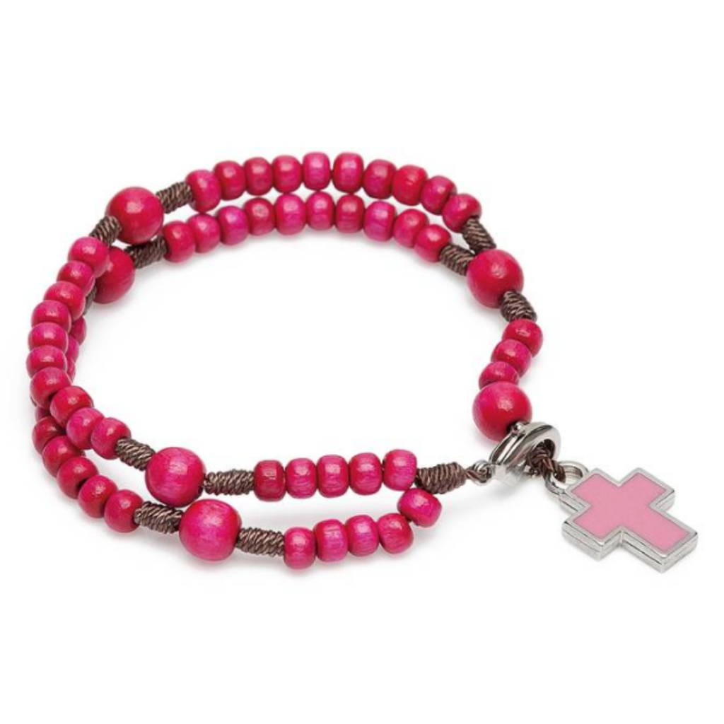 Pulseira Terço Infantil Rosa com Cruz