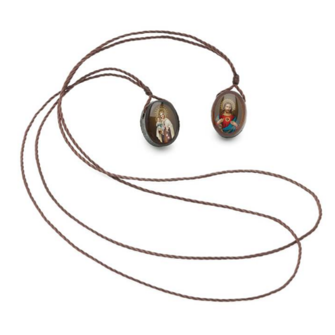 ESCAPULARIO OVAL PEQUENO CORDAO MARROM COM FOLHETO