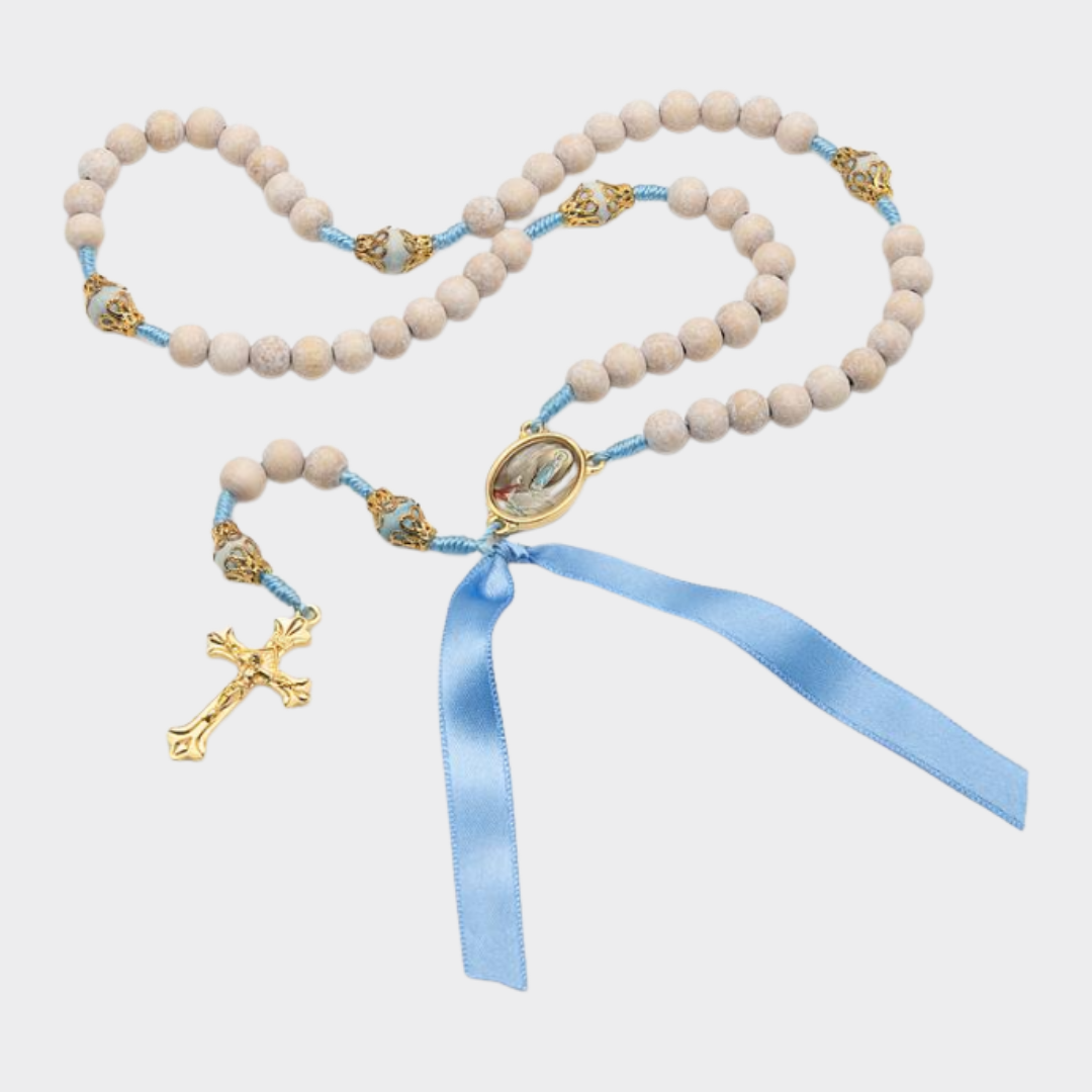 Terço de Madeira Branca Nossa Senhora de Lourdes com Fita Azul