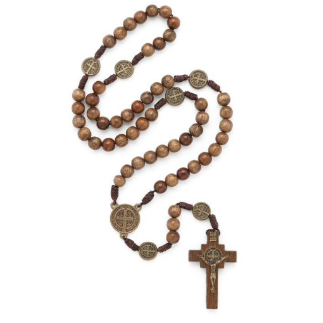 Terço de Madeira Imbuia São Bento 8 mm – Cordão Ouro Velho