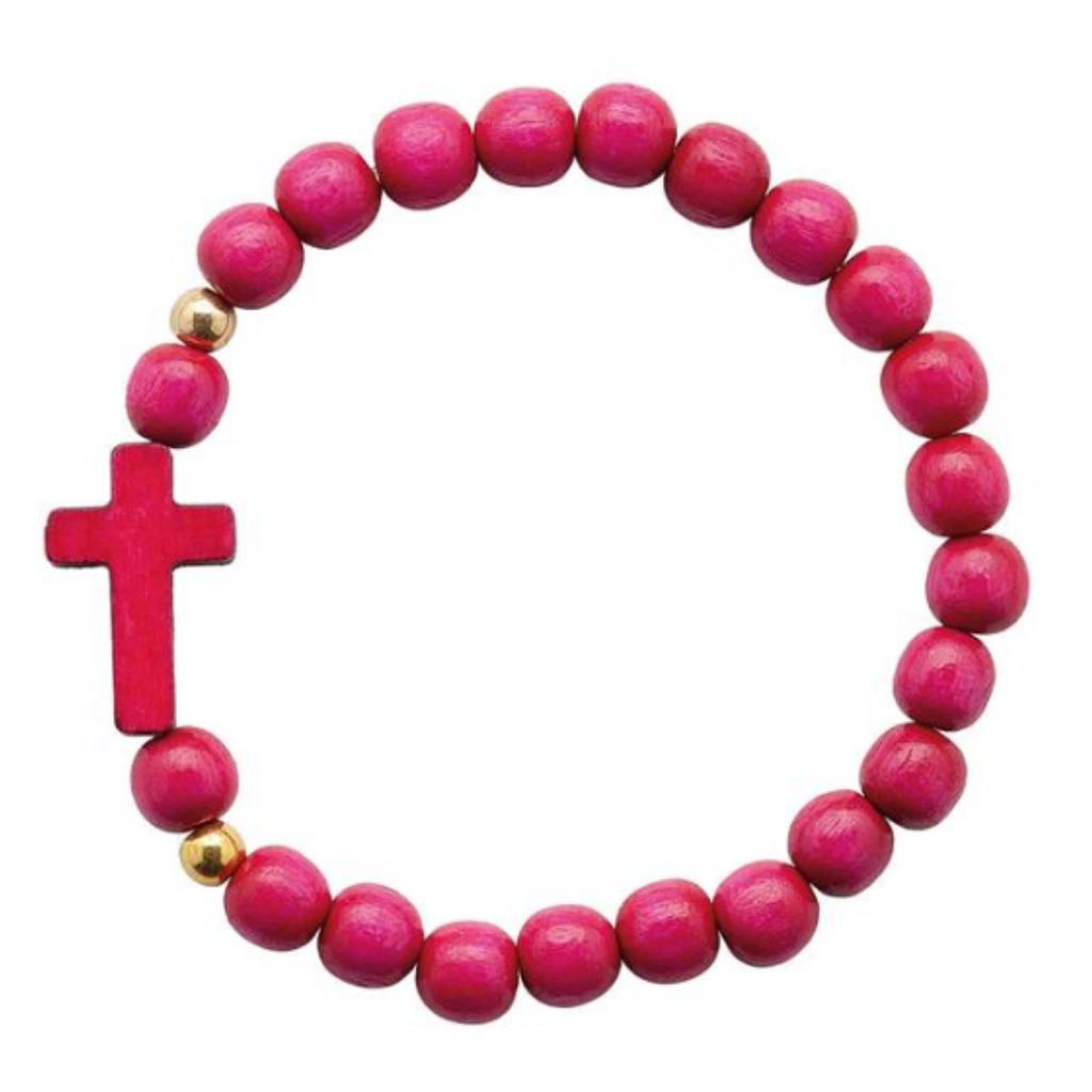 Pulseira Infantil de Madeira Rosa com Cruz