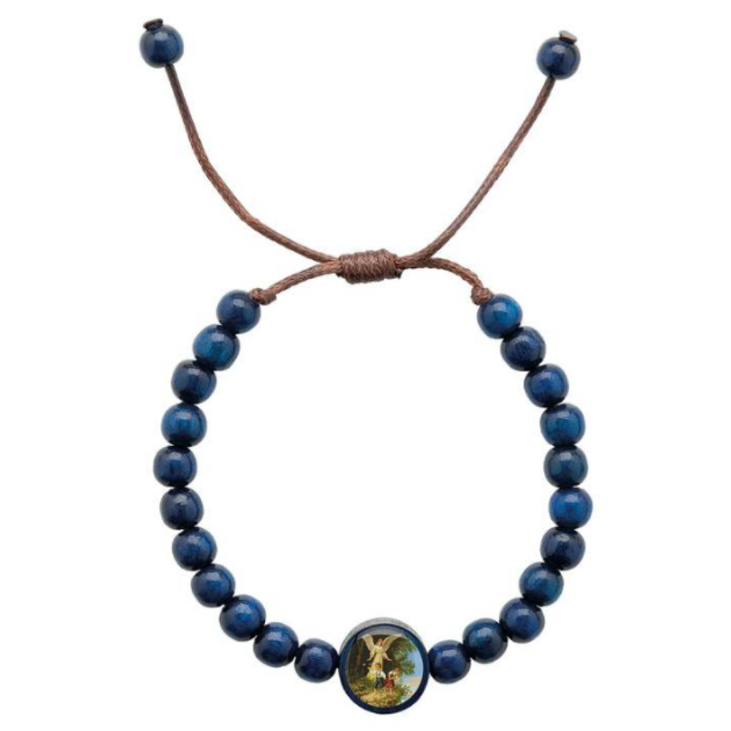 Pulseira Infantil de Madeira Azul com Anjo da Guarda