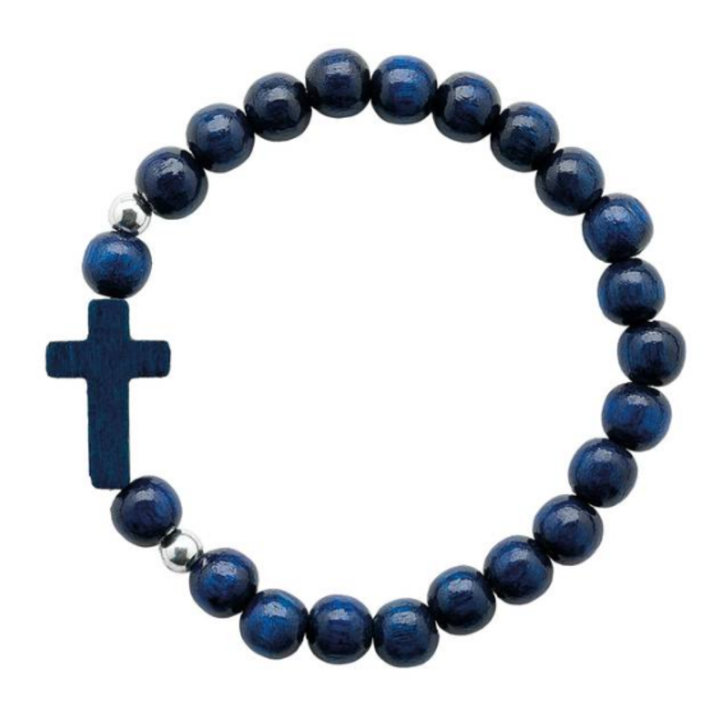 Pulseira Infantil de Madeira Azul com Cruz