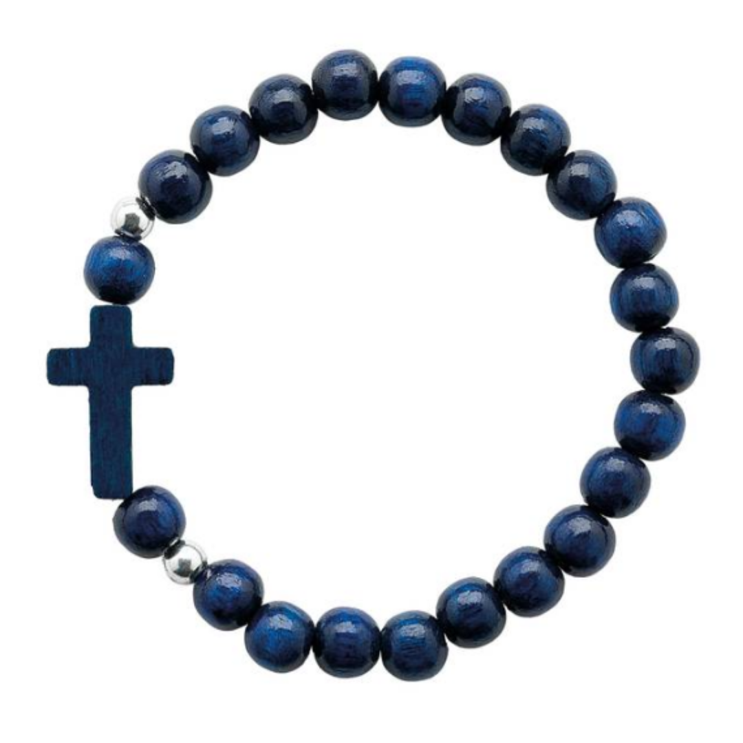 Pulseira Infantil de Madeira Azul com Cruz