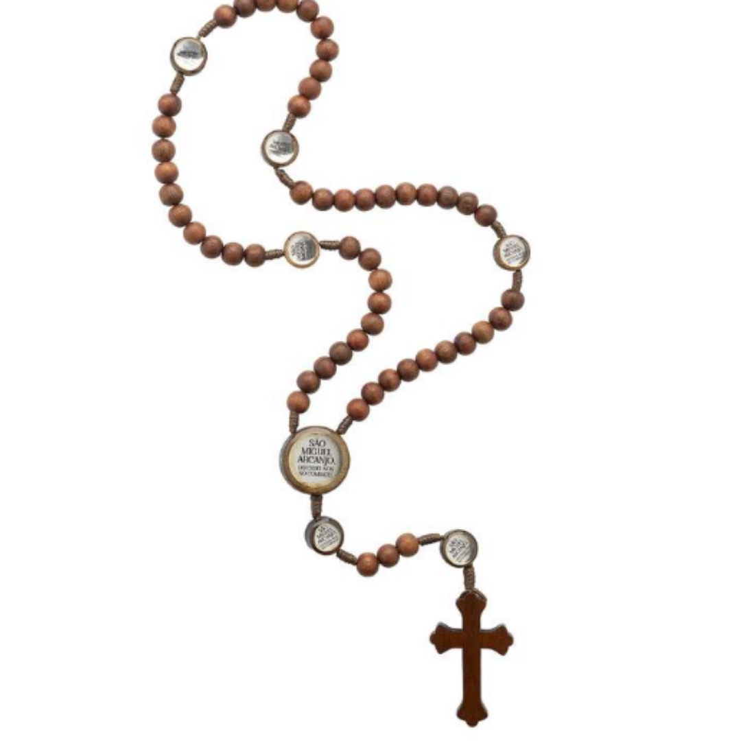 Terço de São Miguel em Madeira Cor Canela 8 mm – Cordão Completo