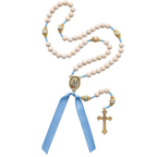 Terço de Madeira Branca Nossa Senhora de Lourdes com Fita Azul