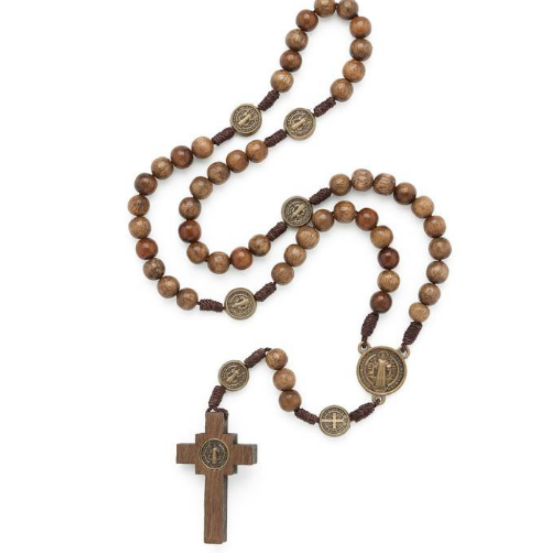 Terço de Madeira Imbuia São Bento 8 mm – Cordão Ouro Velho