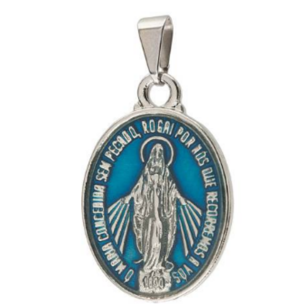 Medalha Milagrosa de Nossa Senhora das Graças – Tamanho M, Prata e Azul