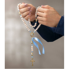 Terço de Madeira Branca Nossa Senhora de Lourdes com Fita Azul