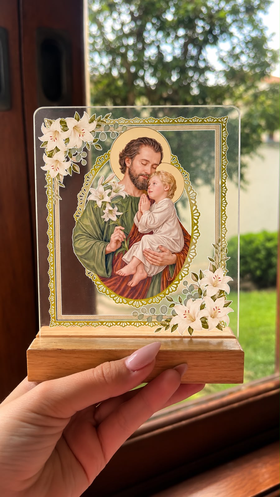 ADORNO DE MESA SAO JOSE - ACRILICO E MADEIRA